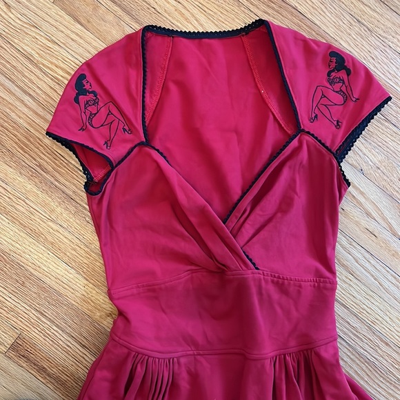 Pinup Girl Clothing Boutique rockabilly red fitted top swing dress - Picture 2 of 7